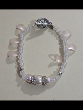 Delicate Pink White Pearl Clear Swarovski Crystal Bead Bracelet Nwt 7"